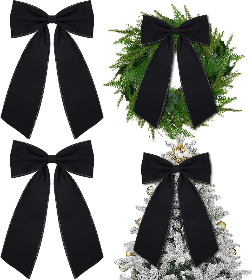 Riceshoot 2 Pcs 10 x 16 Inch Large Bows Valentine's Day Tree Decorations Velvet Ribbon Tree Topper Velvet Wreath Bows with Wired Edge for Valentines Home Fireplace Indoor Outdoor Decor (Black)