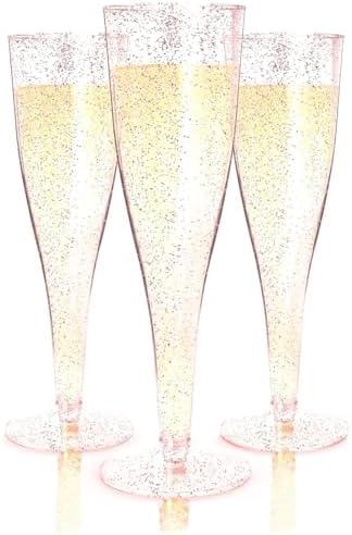 Prestee 24 Piece Plastic Champagne Flutes - 4.5 oz Plastic Wine Glasses with Rose Gold Glitter - Cocktail Glasses for Parties - Party Supplies for Mimosa Bar, Wedding, Shower Party and New Years Eve