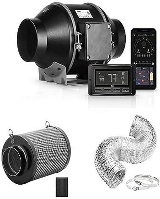 iPower GLFANXHKSETINLECWIFI4D8C 4 Inch Inline Duct Ventilation Smart Fan, Carbon Filter, 8 Feet Ducting with Temperature Humidity App Control via WiFi, Voice Control with Alexa for Grow Tent, Black