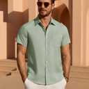 Mens Linen Shirt Short Sleeve Wrinkle Free Casual Untucked Button Down Shirts Beach Breathable Tops Summer (Green, L)