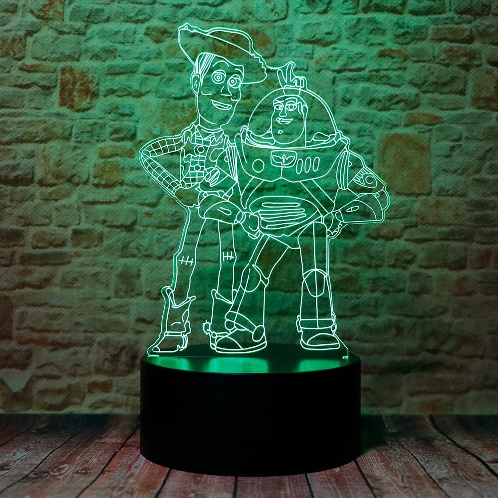 Cute Story Sheriff Woody and Buzz Lightyear Anime Character 3D Optical Illusion LED Bedroom Decor Sleep Table Lamp with Remote 7 Colors Acrylic Visual Night Light Birthday Christmas Gifts for Kids