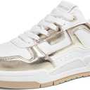 LUCKY STEP Women's Lace Up Fashion Casual Sneakers Low Top Walking Shoes Platform Comfort Non Slip Tennis Shoes (9, White/Gold)