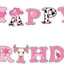 Western Cowgirl Birthday Banner, Pre-Strung Wild West Coquette Party Decorations Retro Western Theme Happy Birthday Banner for Girl Bday Parties First Rodeo Party Supplies