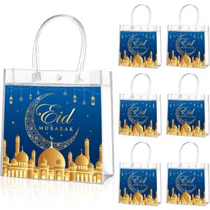 Aliceset 20 Pcs Eid Mubarak Gift Bags with Handles Clear Ramadan Goodie Bags for End of Ramadan Eid Mubarak Party Treats Candy Favors Supplies Decoration, 8x8x3.15 inches