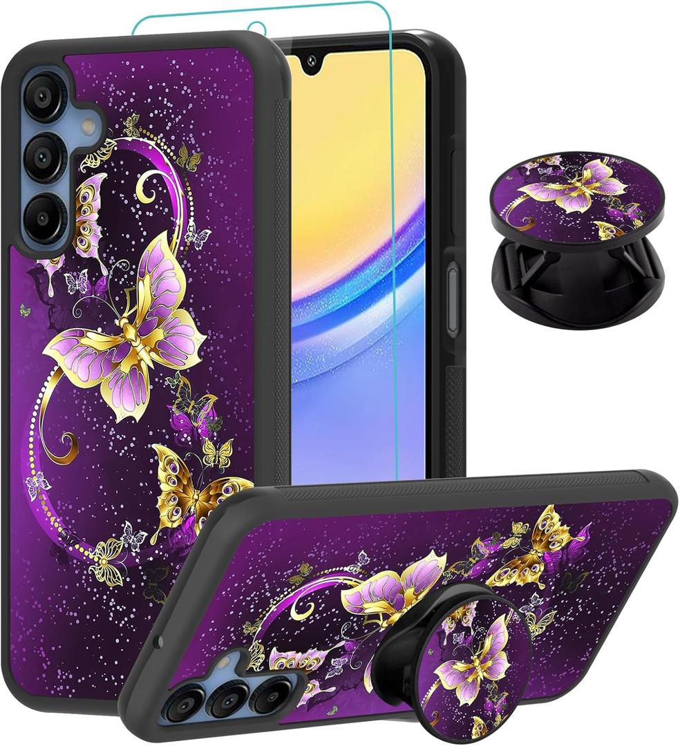 SAKUULO Compatible with Samsung Galaxy A15 5G Case, [Screen Protector + Kickstand] Purple Butterfly Design,Tire Texture Anti-Slip Shockproof Lightweight Ultra Thin Protective Case 6.5inch