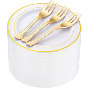 WELLIFE 120 PCS Plastic Dessert Plates and 120 PCS Forks, 6.3 inch Disposable Salad Plate, Premium White Appetizer Plates with Gold Rims Perfect for Party and Wedding