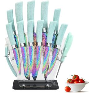 Rainbow Knife Set, Kitchen Knives Set with Acrylic Block, Thick Blade Cutlery Knife Block Set, Chef Sharp Quality for Home & Pro Use, Best Gift (Teal Handle)