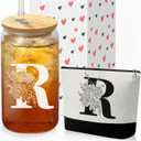Custom Glass Cup & Makeup Bag Set - Personalized Gifts for Women, Initial 16 oz Glass Tumbler with Lid & Straw, Monogram Makeup Bag - Birthday Gifts For Women, Mother's Day Presents(R)