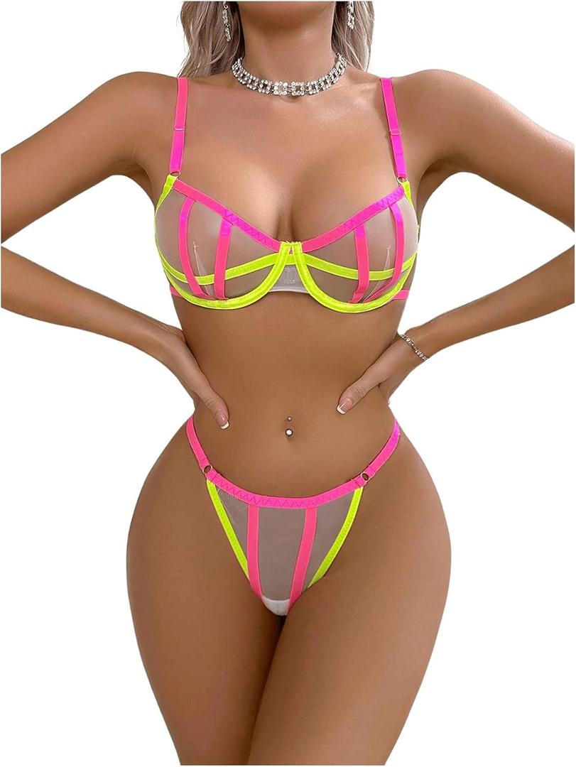 SOLY HUX Women's Sexy Lingerie Set Sheer Mesh Cutout Bra and Panty Underwear Sets (Medium, Neon Yellow Pink)