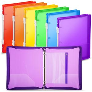 Fulmoon 6 Pack Plastic Zipper Binder, 1 Inch 3 Ring Binder with 2 Interior Pockets, 1 Plastic Movable Pencil Pouch, Expanding File Zippered Holds Us Letter Size 8.5''x11'' for Office (Colorful)