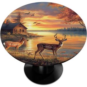 Cfpolar Round Tablecloth with Elastic Edge Animals Forest Deer Autumn Round Fitted Table Cover Waterproof Wipeable Circle Table Cloths for Dining Kitchen Pattry Patio Outdoor (Fit for 45"-50")