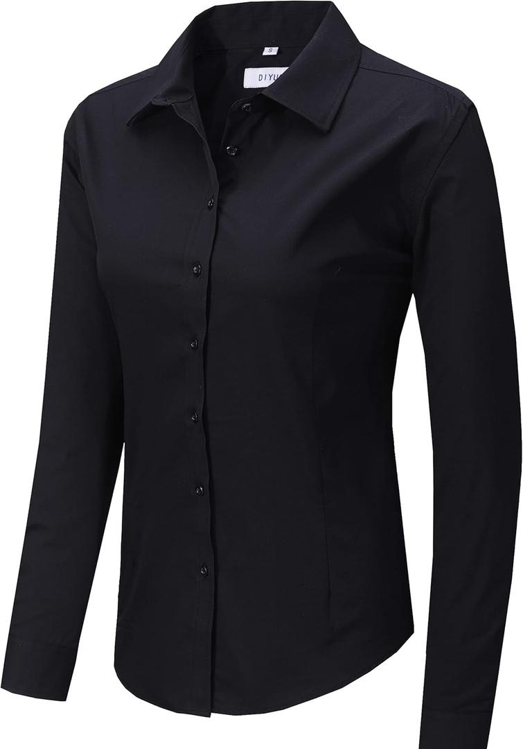 Women's Slim-Fit Button Down Shirts Stretchy Cotton Long Sleeve Work Blouse (Black, XS)