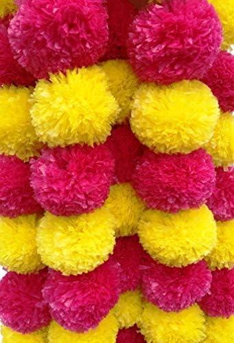 5 Pc Marigold Garland 5 Ft Long Strands of Artificial Marigold Flowers Diwali Decorations Home Indian Décor for Pooja Wedding Spring Bush Floral Faux Día de Muertos Décor (Magenta+Yellow)