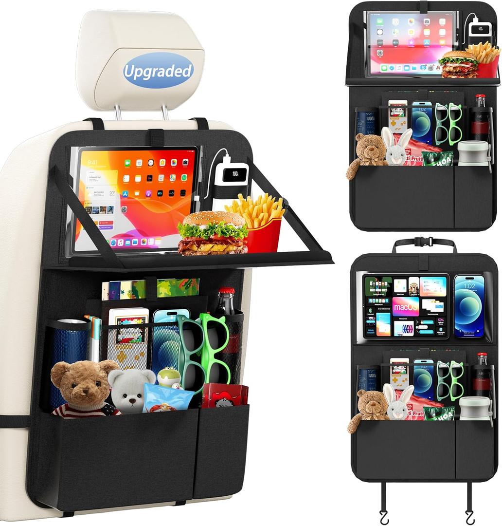 KaiCross Backseat Car Organizer with Upgraded Foldable Tray, Car Seat Organizer for Kids, Travel Accessories with 9 Storage Pockets,Car Seat Organizer Backseat with Touch Screen-1 Pack