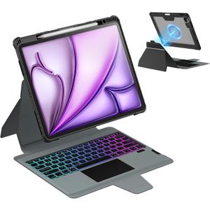 Nillkin Magnetic Keyboard Case for iPad Air 13 inch (M3/M2), iPad Pro 12.9 (3rd/4th/5th/6th Gen) Rugged Case with Detachable Keyboard, Magic Trackpad, 7 Colors Backlit, Portrait/Landscape Modes Black
