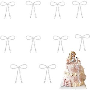 10 Pcs Pearl Bow Cake Toppers, 4.3x3.9 Inches White Pearl Beaded Cake Decorations, Large and Small Pearls, Elegant Cupcake Toppers for Weddings, Birthday, Valentines Day and Baby Shower Party Supplies