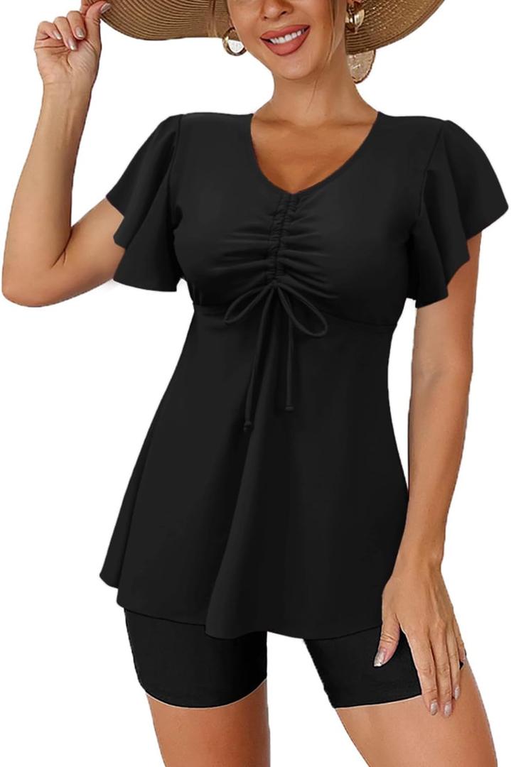 Fanuerg Women's Tankini Swimsuits Ruffled Flowy Tankini Tops with Boy Shorts Swimwear Tummy Control Two Piece Bathing Suits (Black), Size: XXL