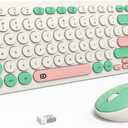 FD Wireless Keyboards and Mouse Combo - 2.4GHz USB Cordless, Cute Wireless Keyboard Round Keys, Quiet and Slim Set for Laptop, Computer, TV and Mac - Milky White Green Colorful