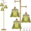 Gold Floor Lamp for Living Room,Bedroom,Tree 3 Light Standing Lamp Mid Century Modern Brass Tall Floor Lamps Vintage Retro Floor Lights Glass Green Flower Lamp Shade Farmhouse Boho Bohemian