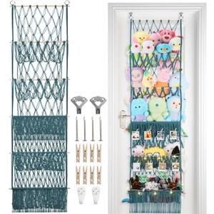5 Tier Stuffed Animal Storage Shelf Net, 17x61 Inch Large Plushie Net w/LED Light & Clips for Mini Medium Stuffy Teddy, Aqua Boho Macrame Wall Toy Holder Display for Nursery Kids Girls Boys
