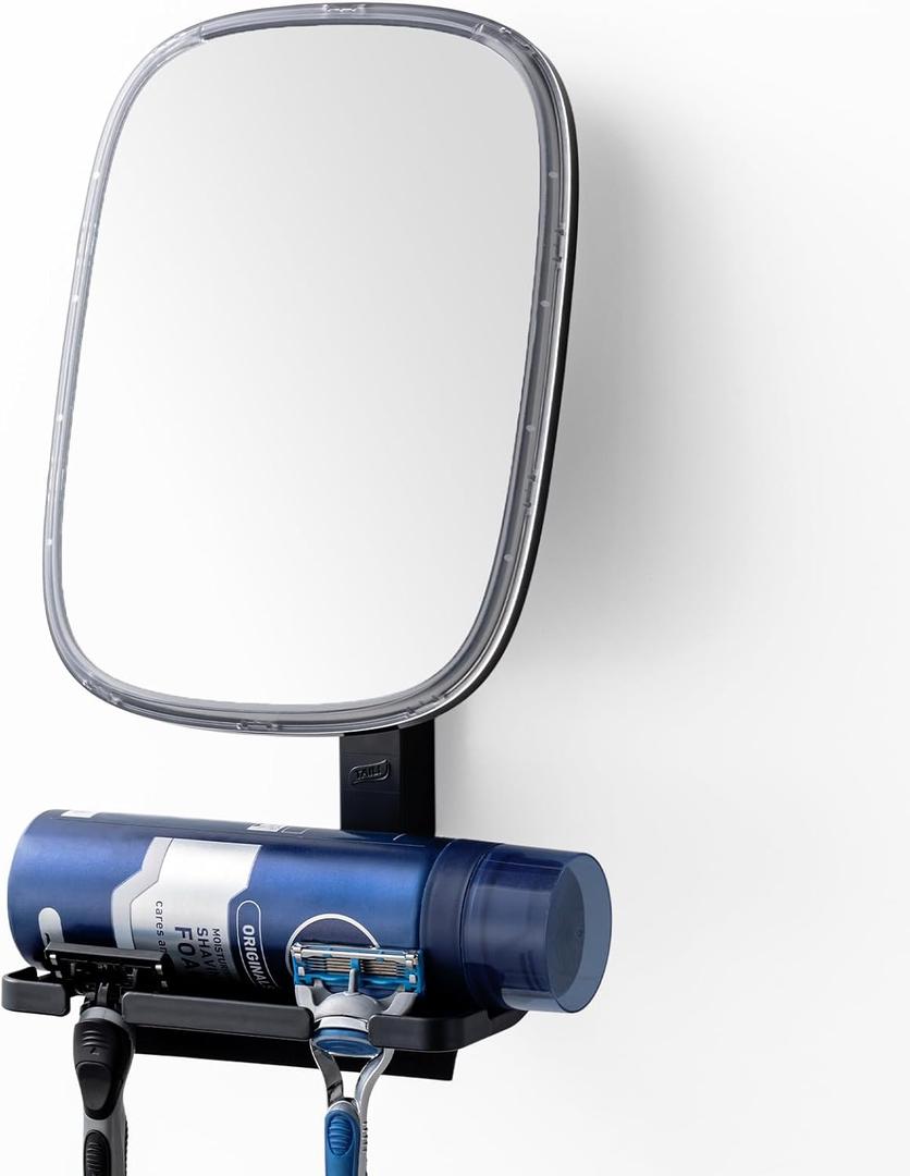 TAILI Shower Mirror Fogless for Shaving with Razor Holder, Removable Fog Free Suction Mirror with Squeegee for Shower Accessories, Bathroom, Adjustable, Shatterproof - for Men and Women (Black)