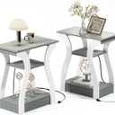 FROMJBEST End Tables Living Room Set of 2,Grey End Table with Charging Station,Grey Side Table, Nightstand for Bedroom, 3 Tier End Table with Storage Shelf for Living Room