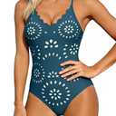Aidonger Women's One Piece Swimsuit Tummy Control Petal Cutout Bathing Suit Modest Scalloped V Neck Swimwear Peacock Blue, L