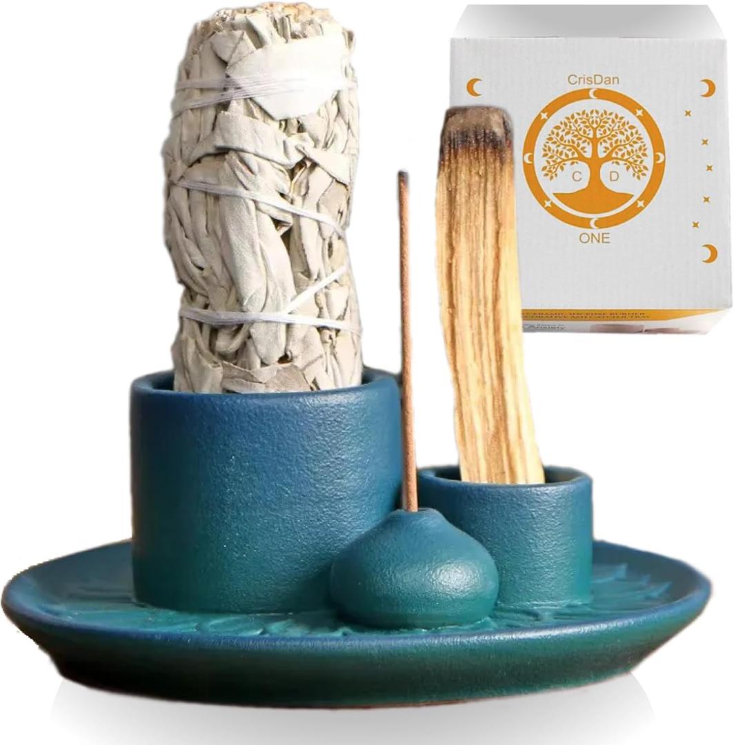2 x 4-in-1 Palo Santo Holder, Sage & Incense Stick Burner  Ceramic White Ash Catcher Tray for Meditation, Yoga, Smudging & Spiritual Cleansing  Incense Holder for Sticks & Sage (Blue)