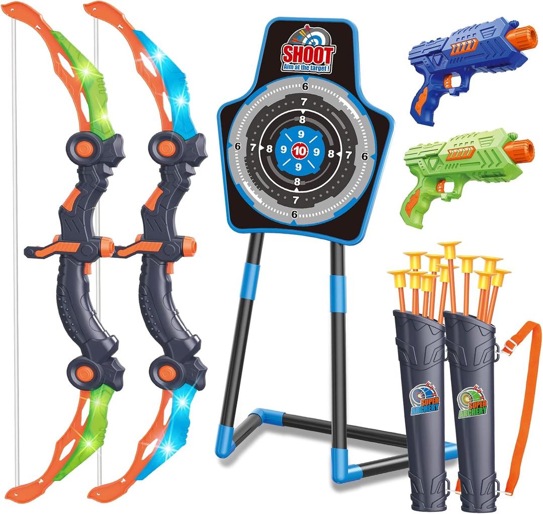 SpringFlower 2 Bow and Arrow Sets with LED Lightup,2 Foam Dart Guns for Kids 5 6 7 8 9 10+ Years Old, Archery Set with Standing Target for Boys & Girl, for Kids