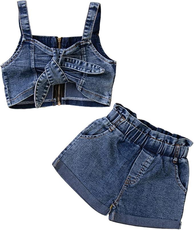 Toddler Baby Girls 2pcs Jeans Outfits, Denim Off-Shoulder Crop Tops+High Waist Ripped Jeans with Pockets 6 Months-6Y