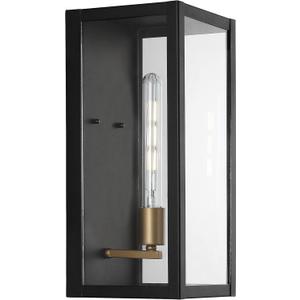 JONATHAN Y 7" Black/Gold Modern Industrial Outdoor Wall Lantern Sconce, Waterproof LED Exterior Light for Porch Entryway, with Clear Glass Shade and Edison Bulb JYL7602A