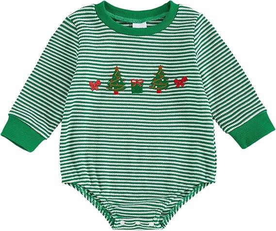 ZAXARRA Baby Christmas Sweatshirt Romper Striped Waffle Knit Jumpsuit Christmas Tree Embroidery Cute Boy Girl Holiday Outfit 3-6M