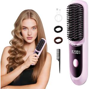 Cordless Straight Hair Brush, 3 Heat Settings & LED Display, Negative Ion & Ceramic Technology, Portable Travel Hair Straightener for All Hair Types (Purple)