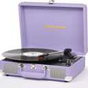 Vinyl Record Player with Built-in Speakers Vintage 3-Speed Portable Suitcase Bluetooth Turntables with USB Recording Belt-Driven LP Player Support AUX/RCA/Headphone Jack, Purple Leather