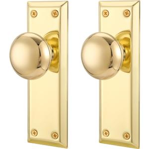 Gold Dummy Door Knob Interior, Inactive Door Knobs for Closet, Antique Bifold Door Knobs Replacement, Single-Side Dummy Old Style Door Handle, Polished Brass, 2 Pack 