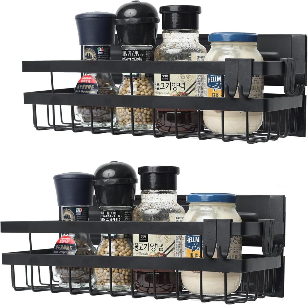 Sleclean Magnetic Spice Rack Organizer for Refrigerator, Pack of 2, Fridge Organizer Shelf, Refrigerator Organizers and Storage, Multi Use Kitchen Magnetic Shelf,11.8"x4.5"x4.3",Black