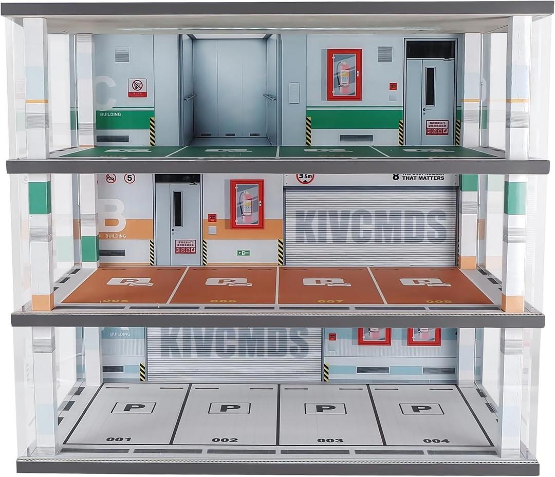 kivcmds Model Car Display Case 1:24 Scale Diecast Diorama Garage with Lights for Lego Alloy Car Collectibles Wood Storage Shelf,3 Tiers of 12 Parking Spaces, One Size