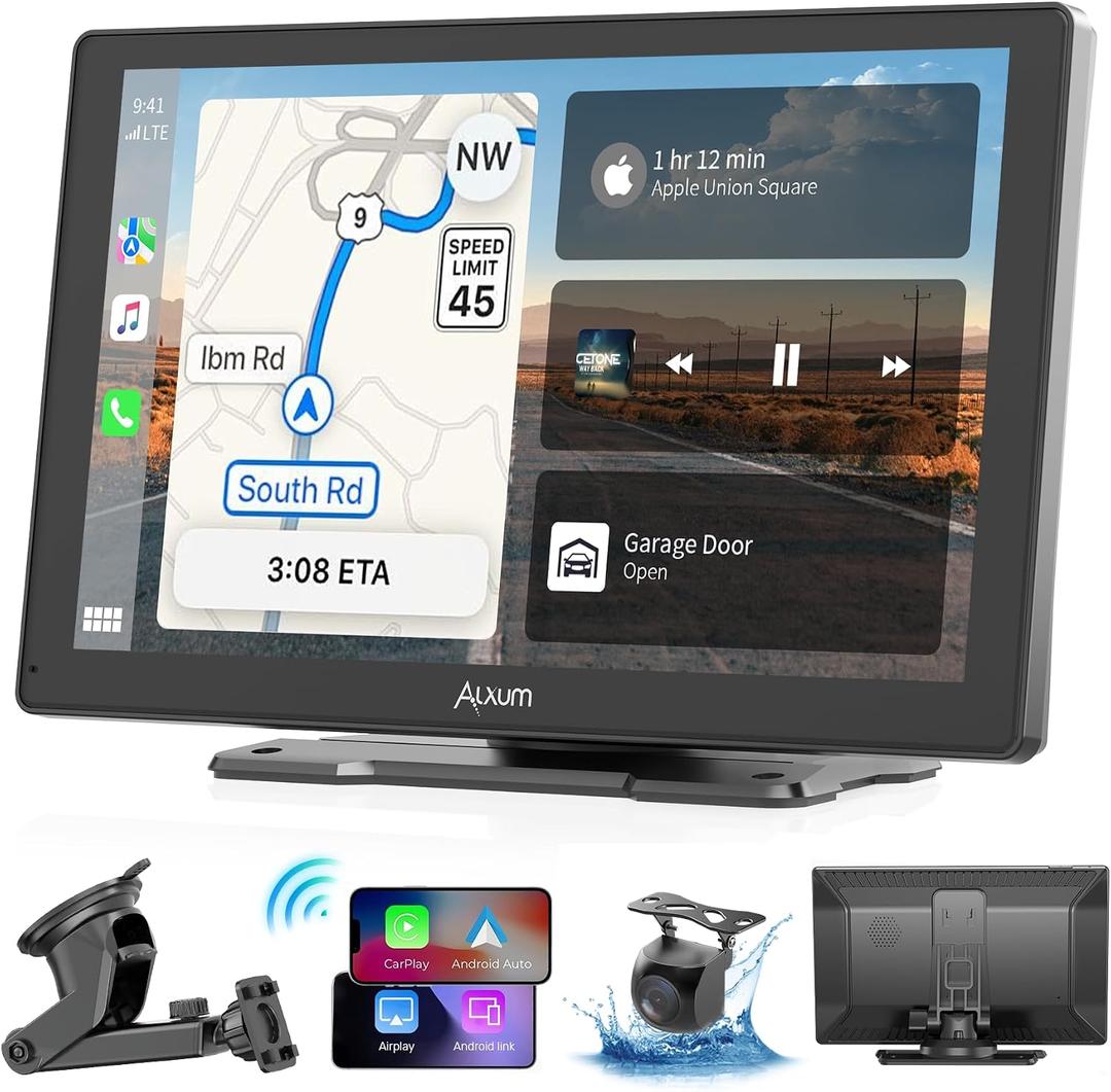Wireless Apple Carplay Screen for Car, 9" HD Touchscreen Portable Car Stereo with Android Auto, Backup Camera, Mirror Link, GPS Navigation, Voice Control, AUX - Compatible with All Vehicles