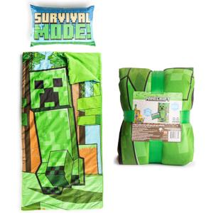 Jay Franco Kids Slumber Bag and Pillow - 54 x 27 Inch Comfy Indoor Sleeping Bag for School and Sleepovers, 2 Piece Set, Green - Minecraft