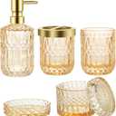 Bathroom Accessories Set, 5Pcs Gold Glass Bathroom Accessories Set with Gold Soap Dispenser, Soap Dish, Toothbrush Holder, Tumbler, Cotton Swab Jars