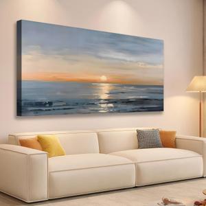 JLXART Landscape Canvas Painting Ocean Sunrise Wall Art Scenery Framed Artwork for Bedroom Office Home Decoration Art 20"x40" (Orange)