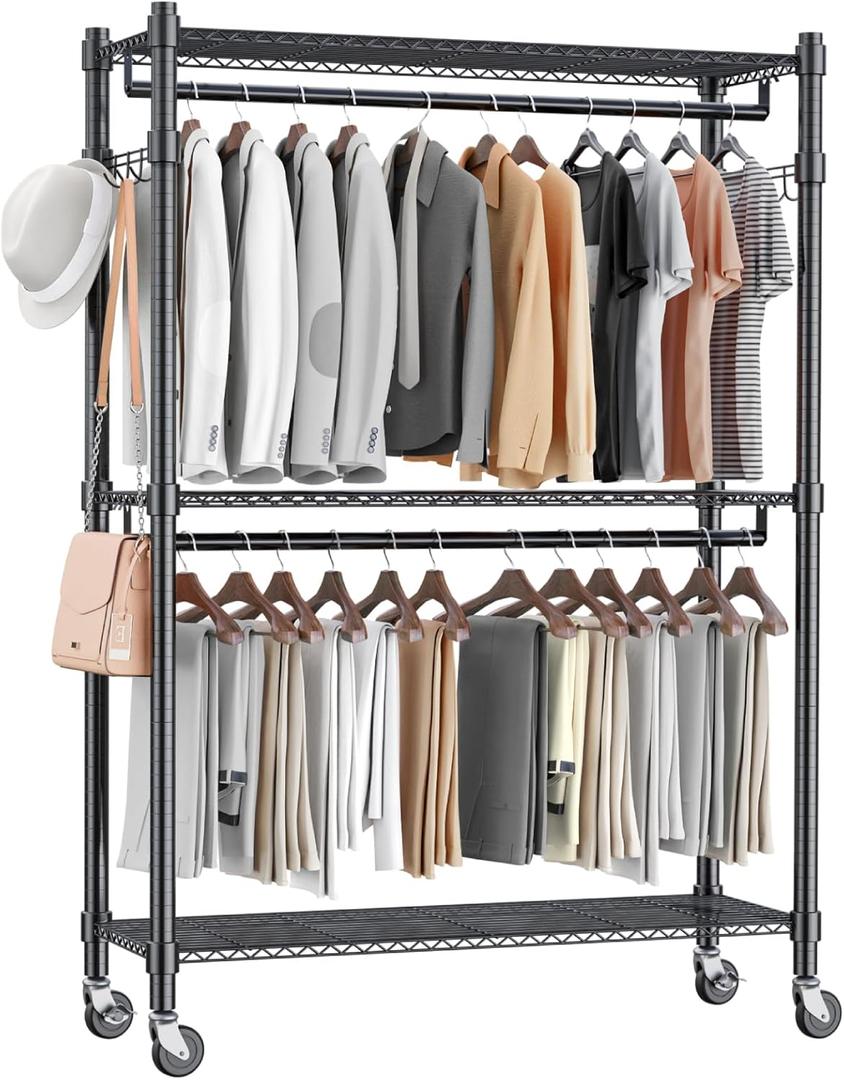 Homdox Rolling Garment Rack with Double Rod, Heavy Duty Clothing Rack with Shelves, Portable Clothes Rack, Free Standing Wardrobe Rack, with Lockable Wheels & Hanging Hooks, Max Load 450 LBS, Black (17.72"D x 47.24"W x 80.71"H)