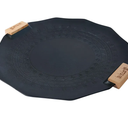 Korean Grill Pan 13.78 Inch Black Nonstick Coating Camp Fire BBQ Griddle Pan with Wood Handle for Indoor Outdoor Fire Camping Induction Gas Stove Electric Cooktop (Black)
