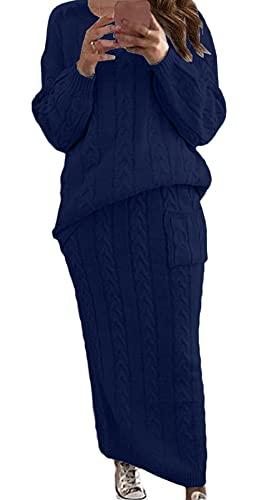 CHARTOU Women's Winter Chunky Cable Knit Long Skirt 2 Piece Outfit Sweater Sets (Small, Navy)