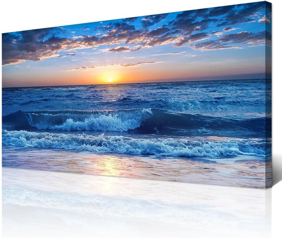 Wapluam Canvas Wall Art For Living Room Modern Wall Decor For Bedroom Ocean Beach Wall Paintings Blue Sea View Wave Wall Pictures Prints Artwork Office Decor Room Aesthetic Home Decoration 20"X 40"