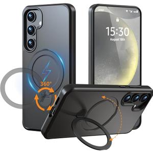 for Samsung Galaxy S24+ (Plus) Case Stand,Compatible with Magsafe Wireless Charging,with 360Rotatable Magnetic Ring Holder Kickstand,Slim Protective Phone Cover,Matte Translucent,Black