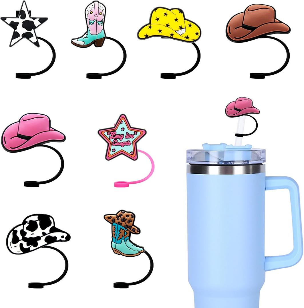 8 Packs Straw Cover Cap for Stanley Cup, Silicone Straw Topper Compatible with 30&40 Oz Tumbler with Handle, 10mm Reusable Straws Tips Lids, Cowboy Hat-Designed (Multicolor)