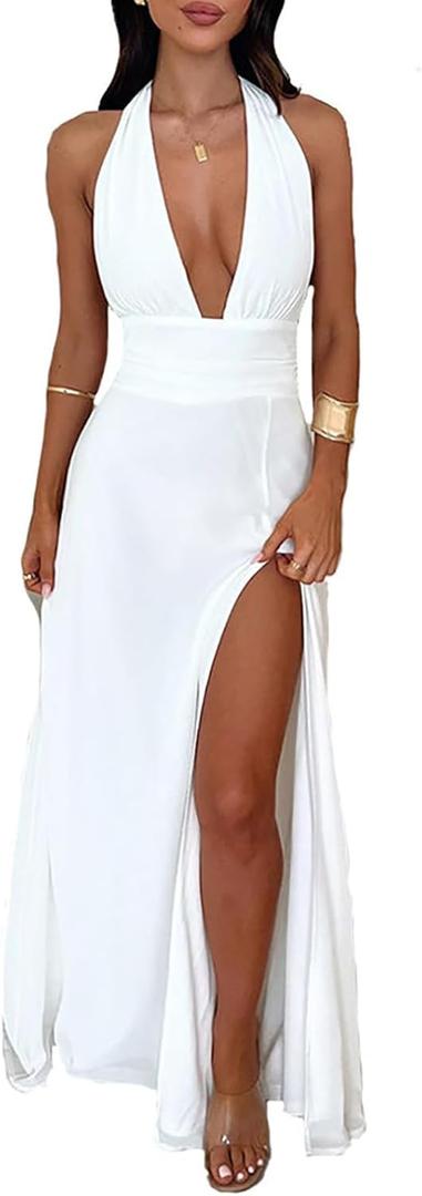 Womens Sexy Halter Deep V Neck High Side Split Long Maxi Dress (White), M