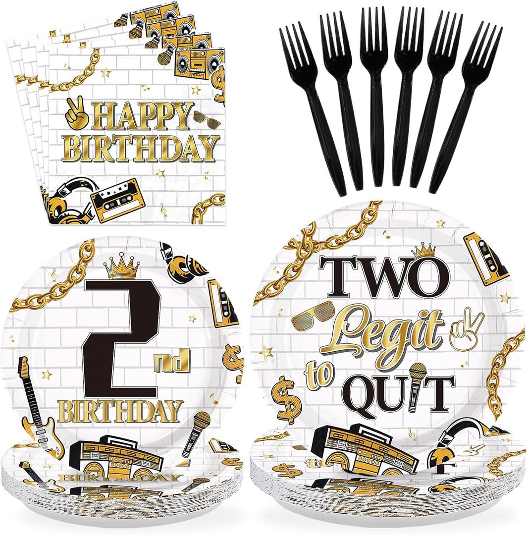 96Pcs Two Legit Quit Birthday Decorations Hip Hop 2nd Birthday Plates and Napkins Gold Black Rapper Theme Decorations for Kids Retro 90s Hiphop Two Years Old Bday Party Supplies Serves 24