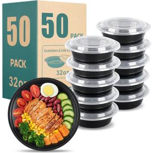 32oz Disposable meal prep containers with lids, 50 Pack (100-Piece) Black Round,Reusable take out food containers,BPA-Free,Stackable Bento Box,Lunch containers microwave Dishwasher safe